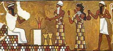 Enlil (left) attended by the Iggigi; painting from Mari, Sumer